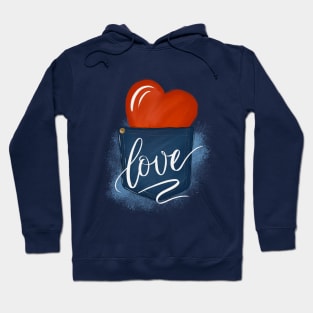 Jeans pocket wth red heart, word Love Hoodie